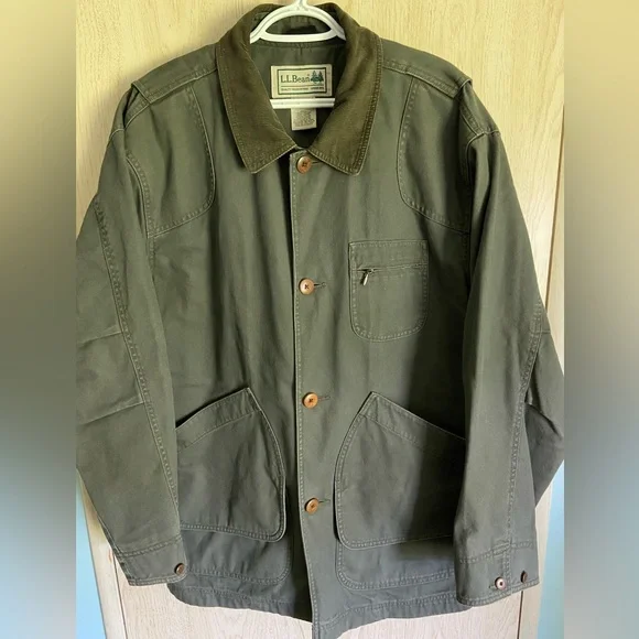 LL Bean Men´s Original Field Coat, Cotton-Lined Flannel, Olive Green Sz Large Jackets & Coats